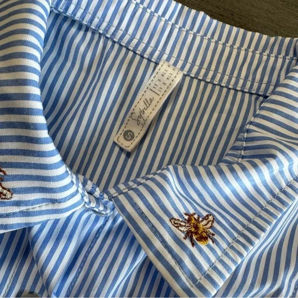 Bee Embroidered Sleeveless Button Down Blouse Ruffle Blue White Sybilla S - Picture 6 of 9
